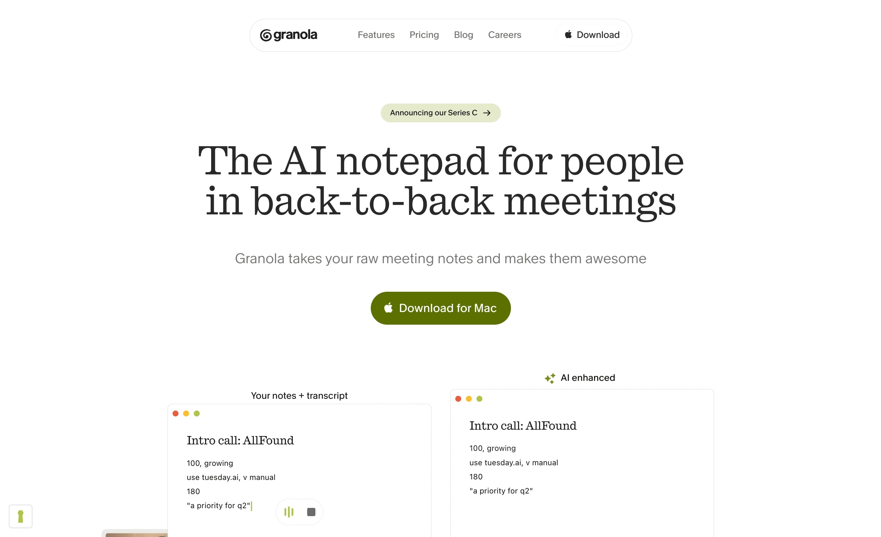 granola.ai landing page